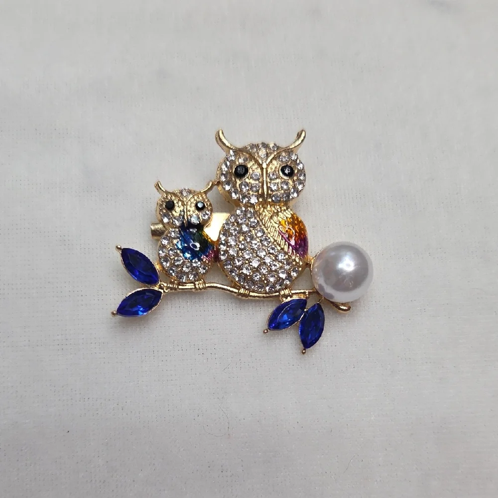 Women's 2 Owls Blue Crystal Brooch Retro Style Pin Rhinestones Sparkling Elegant